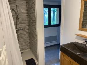 ein Bad mit einer ebenerdigen Dusche neben einem Waschbecken in der Unterkunft Appartement dans Le Chalet in La Chapelle-en-Vercors