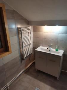 baño con lavabo y ventana en Casa David, en Sviniţa