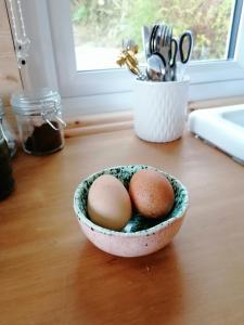 two eggs sitting in a bowl on a counter at Dryw bach glamping hut in Llandeilo