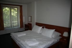 a bedroom with a white bed with a window at Lazensky Hotel Park in Poděbrady