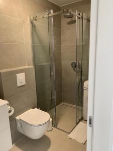 a bathroom with a glass shower with a toilet at APARTMANI SUNSIDE NIN in Nin