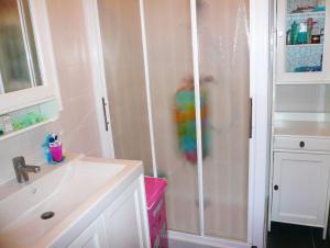 a bathroom with a shower and a sink at Le Clos Surcouf in Isigny-sur-Mer