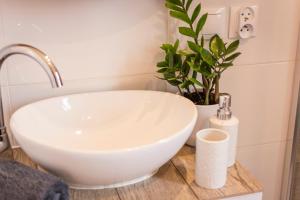 een badkamer met een witte wastafel en een plant bij Domki na Łazach in Uherce Mineralne +19 foto's