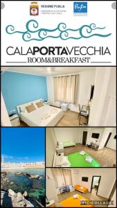 un collage de tres fotos de una habitación de hotel en Cala Portavecchia, en Monopoli
