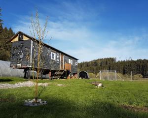 a house in a field with a bird in the grass at Living Legends - Tiny House auf den Wiesen der Edermühle in Grosspertholz