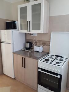 uma cozinha com um fogão e um frigorífico branco em Katarina apartman em Hajdúszoboszló