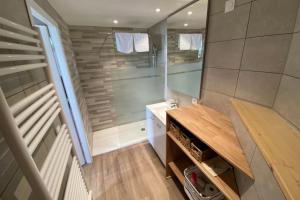La salle de bains est pourvue d'une douche à l'italienne et d'un lavabo. dans l'établissement Tiny House - town house in the centre of Annecy terrace & air conditioning, à Annecy