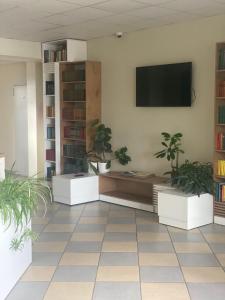 a living room with potted plants and a flat screen tv at Ecohotel in Kretinga