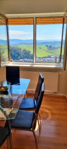 comedor con mesa de cristal y ventana en Mountain Village Apartment Pinewood ***, en Vyšné Ružbachy