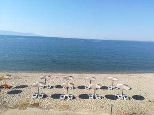 內亞卡瓦里的住宿－Ammos Apartments，海滩上的一组椅子和遮阳伞