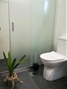 a bathroom with a white toilet and a plant at Almira Kalamos in Kalamos +36 photos