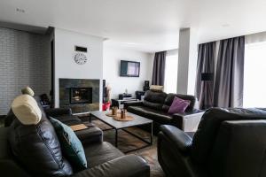 a living room with leather furniture and a fireplace at VillaRyn in Ryn