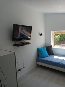 a living room with a blue couch and a flat screen tv at Chalet Var Canebières in Le Muy