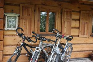 two bikes parked in front of a log cabin at Pszczelarnia Dom Pracy Twórczej in Wilkanów