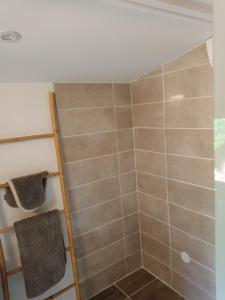 y baño con ducha y pared de azulejos. en Chalet Var Canebières, en Le Muy