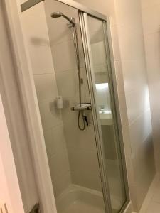 a shower with a glass door in a bathroom at Appartement Cousteau - Terras, Zeezicht, Marina in Ostend