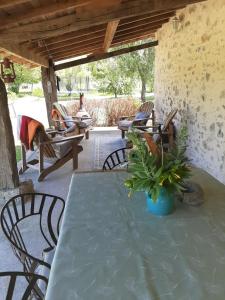 uma mesa com cadeiras e um vaso de plantas num pátio em Rimbes Casteljaloux - gite 6 pers Rustique em Casteljaloux