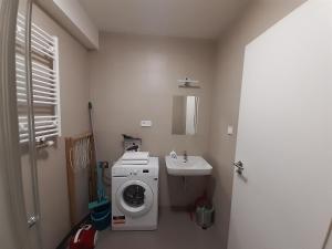 uma casa de banho com uma máquina de lavar roupa e um lavatório em Entrez Radnica em Košice