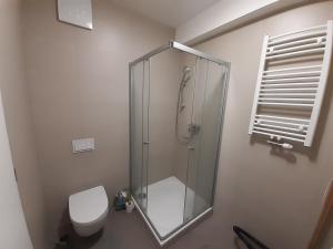 La salle de bains est pourvue d'une douche et de toilettes. dans l'établissement Entrez Radnica, à Košice