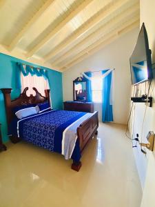 a blue bedroom with a bed and a television at PARADISE VILLA ONSITE PRIVATE POOL ONSITE PRIVATE GYm 2 PROPERTIES SLEEP 12 TO BOOK FOR MORE THAN 6 PLEASE CONTACT US in Ocho Rios