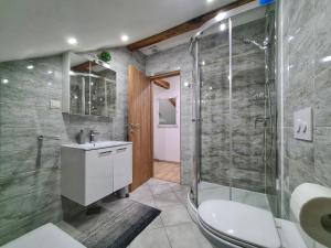La salle de bains est pourvue d'une douche, de toilettes et d'un lavabo. dans l'établissement Rooms Garden, à Slunj