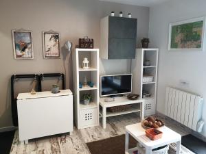 a living room with a television and white shelves at Apart. T2 à Pyrénnées 2000 au pied pistes - 1 in Bolquere Pyrenees 2000