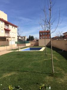 un patio con un árbol y una piscina en Vivienda Turística Mi Terraza, en El Casar de Escalona