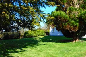 un patio con una casa blanca, árboles y césped en Sporting Lodge Shanagolden en Limerick