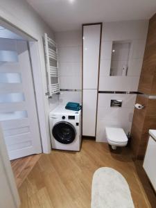 ein Badezimmer mit einer Waschmaschine und einem WC in der Unterkunft Apartamemt Królowej Jadwigi in Giżycko