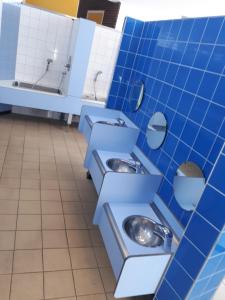 een badkamer met 3 wastafels en 2 toiletten bij Caravan Petiet in Buren