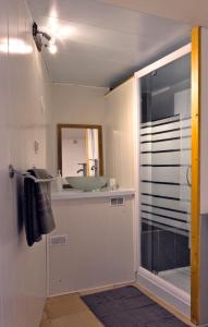 a bathroom with a sink and a glass shower at Au Diapason Chambres d'hôtes montagne in Auzet