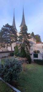 a large building with two towers on top of a yard at Belle Epoque Luzern in Lucerne