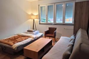 um quarto com uma cama, um sofá e uma mesa em Apartman Banja Luka 2 em Banja Luka