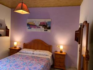 a bedroom with a bed and two night stands with lights at Can Marcela in Deltebre