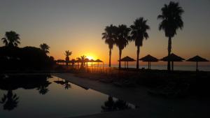 un tramonto in un resort con palme e piscina di H4 a Ghisonaccia