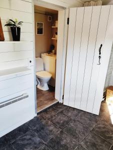 a bathroom with a toilet and a white door at Lillstugan - Centralt och havsnära i lugnt villområde in Falkenberg +20 photos