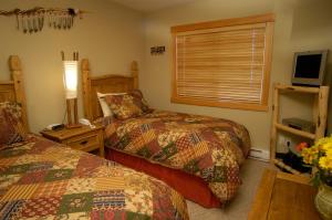 a bedroom with two beds and a tv and a window at Apartment 406, Indigenous Artefacts in Canmore