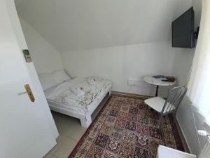 バラトンフレドにあるVilla Valéria Balatonfüredの小さなベッドと椅子が備わる小さな客室です。