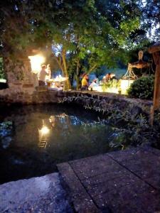 a group of people sitting around a pond at night at Mulino Sandaci - Casa Vacanze in Montefotogno