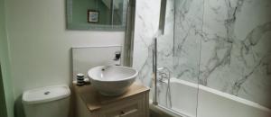 a bathroom with a sink and a shower and a toilet at Crinan Canal Cottage No8 in Lochgilphead