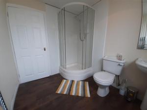 y baño con ducha, aseo y lavamanos. en Carvetii - Stuart House - 1st floor flat sleeps up to 8, en Falkirk