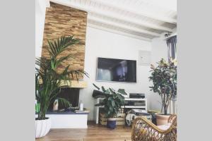 uma sala de estar com plantas e uma televisão na parede em Viareggina con giardino em Marina di Pisa