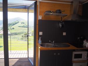 a kitchen with a sink and a view of a mountain at Quinta das Fontainhas in Mesão Frio