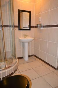 a bathroom with a sink and a mirror and a shower at Citystay West in Maseru