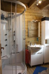 ein Bad mit einer Dusche und einem Waschbecken in der Unterkunft Villa Emilia - Gemütliches kinderfreundliches Blockhaus mit umzäuntem Garten in Sint-Annaland