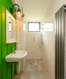 a bathroom with a white sink and a green wall at Child Bungalow FC Mölke Stadium 6 People in Zuna