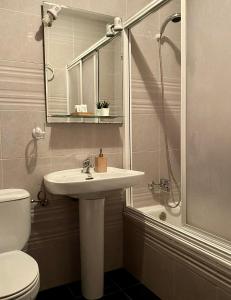 a bathroom with a sink and a shower and a toilet at Apartamento El Jazmín in Grazalema