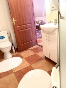 La salle de bains est pourvue de toilettes, d'un lavabo et d'une porte. dans l'établissement Monica, à Yanoshi