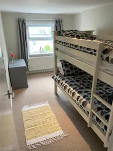 a bedroom with bunk beds with a window and a rug at St Margarets Penthouse Apartment in Ryde