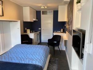 een kleine kamer met een bed en een keuken bij ANdesluis in Deventer